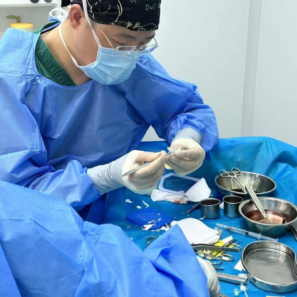 คุณหมอ Dr. You แห่งโรงพยาบาล Shanghai Qimei ขณะทำการผ่าตัดเสริมจมูกซี่โครงให้คนไข้ชาวไทย ด้วยความพิถีพิถันและเทคนิคเฉพาะตัวที่เชี่ยวชาญ (ภาพจากห้องผ่าตัดจริงในเซี่ยงไฮ้)